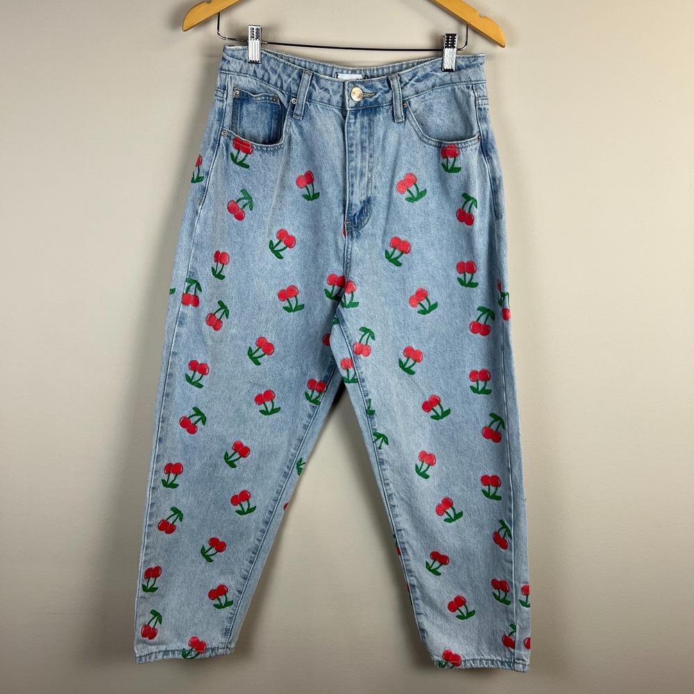 Rue 21 Mom Jeans Womens 12 Light Wash Blue Denim Cherry Cherries High Rise Rigid